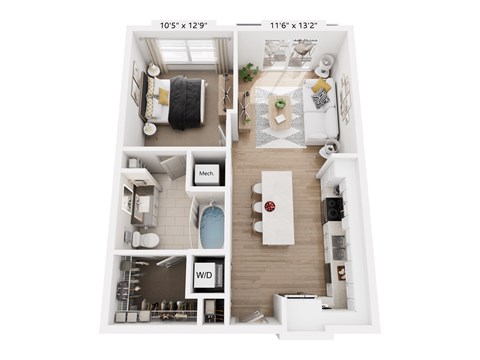 Floor plan for 1 bed, 1 bath, 620 sqft